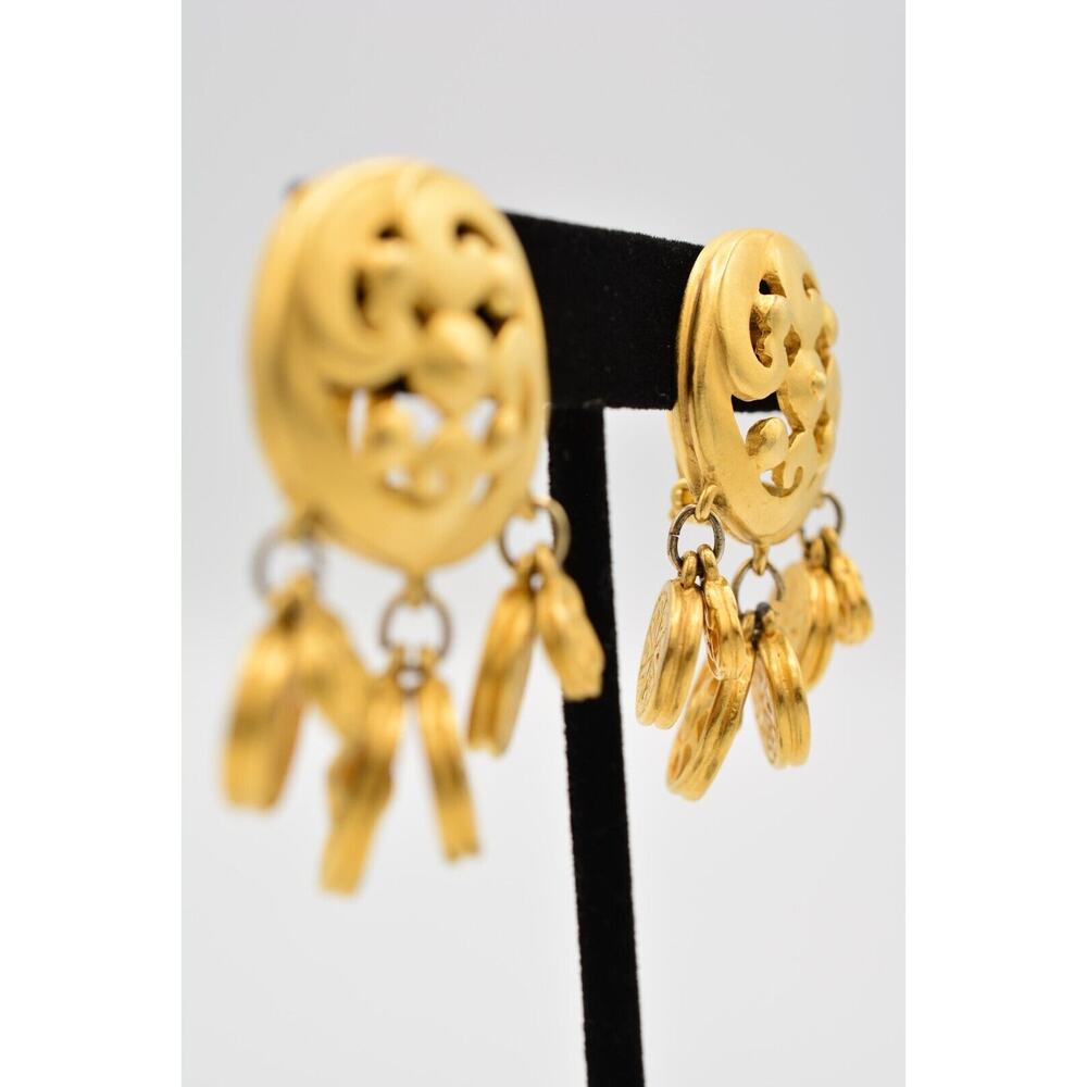 Givenchy Vintage Coin Clip On Earrings Brushed Gold Logo Etruscan Signed BinQ - Picture 5 of 12